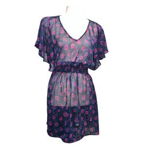 As U Wish Womens Sheer Peacock Feather Print Swim Cover Dress Sz Large V-Neck Fl